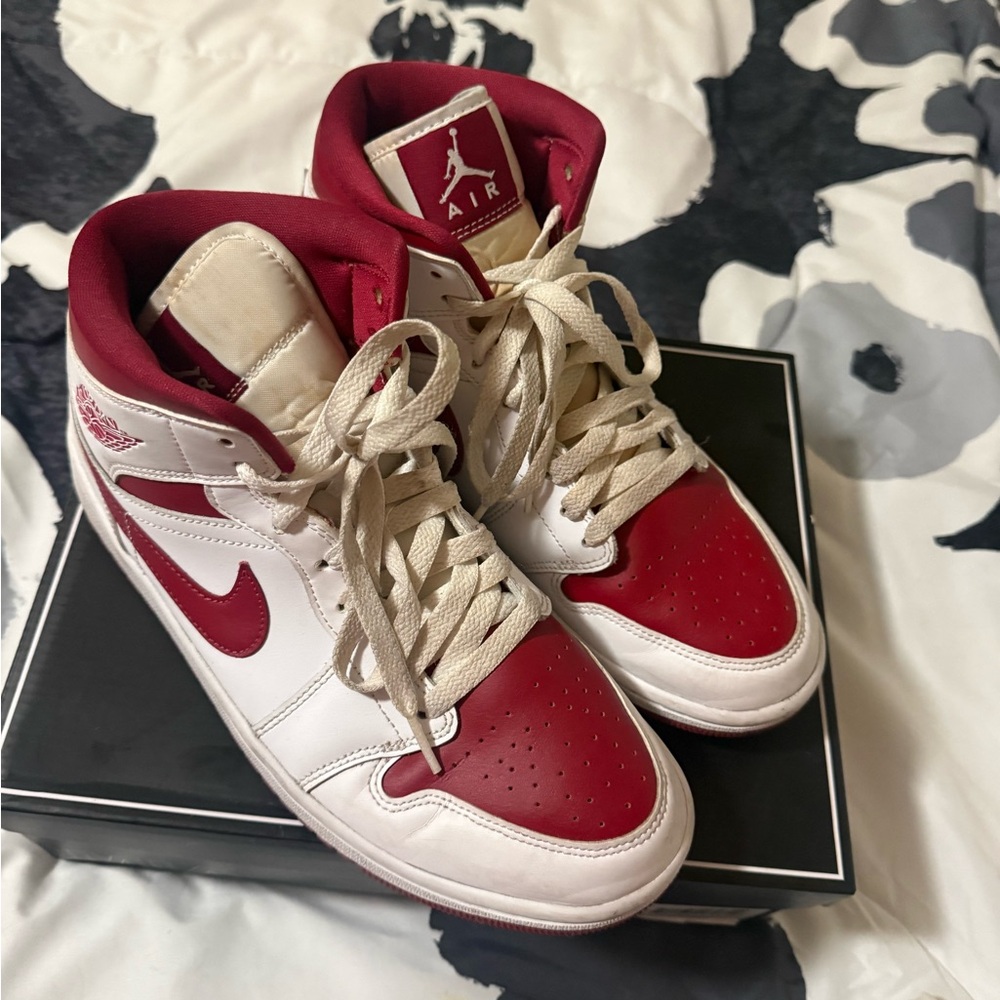 Nike Air Jordan 1 Mid White and Red Men's Sneakers